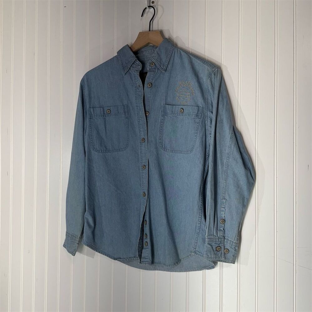 Vintage Harley-Davidson Denim Shirt Small Eagle Logo Biker Western USA Legend